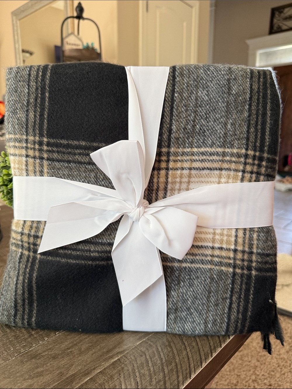 Cozy Plaid Throw Blanket - Charcoal, Gray & Cream with fringe edge - New!